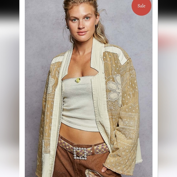 POL NWT Ponderosa Jacket Quilted  Tan and Cream  Embroidered Patchwork Jacket - Picture 3 of 9